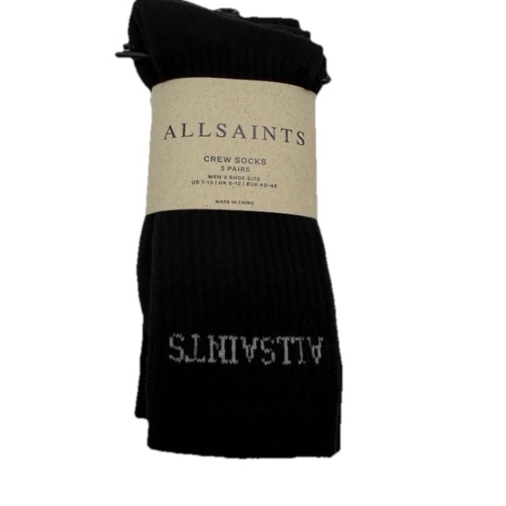 AllSaints Mens Crew Socks 3 Pack Black Cotton Embroidered Spellout Logo Ankle